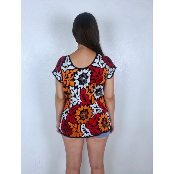 vintage 70s Orange Red EMBROIDERED BIRDS Jalapa Huipil MEXICAN Top os tunic boho - Picture 10 of 10